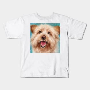 Painting of a Happy Yorkshire Terrier with Its Tongue Out on a Blue Background Kids T-Shirt